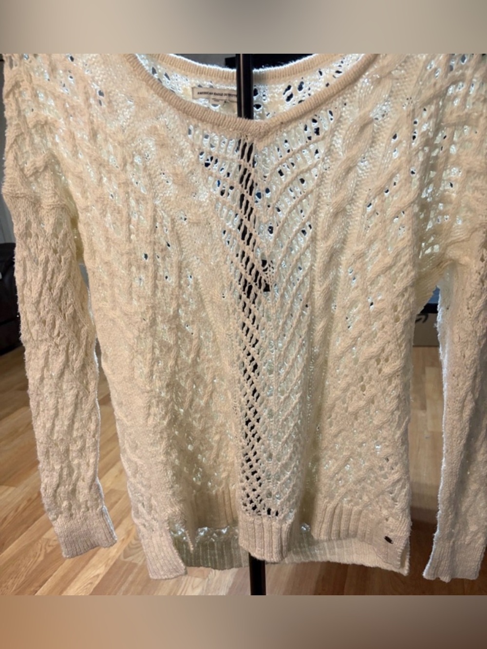 American Eagle Outfitters Cream Open-Knit Scoop Neck Sweater